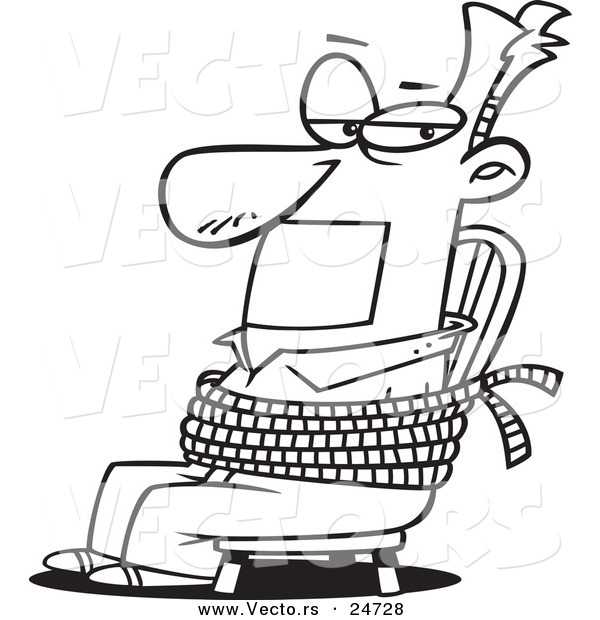 Vector of a Cartoon Man Gagged and Tied to a Chair - Outlined Coloring Page
