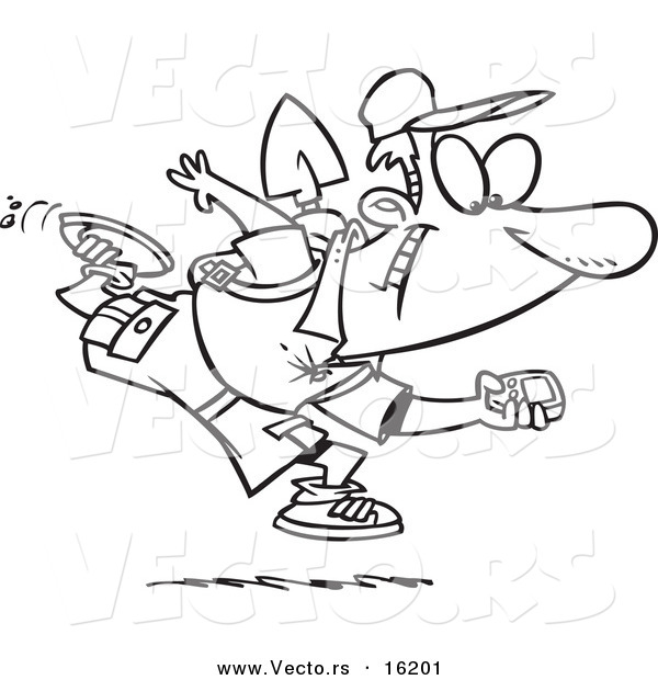 Vector of a Cartoon Man Geocaching with a GPS Device - Outlined Coloring Page Drawing