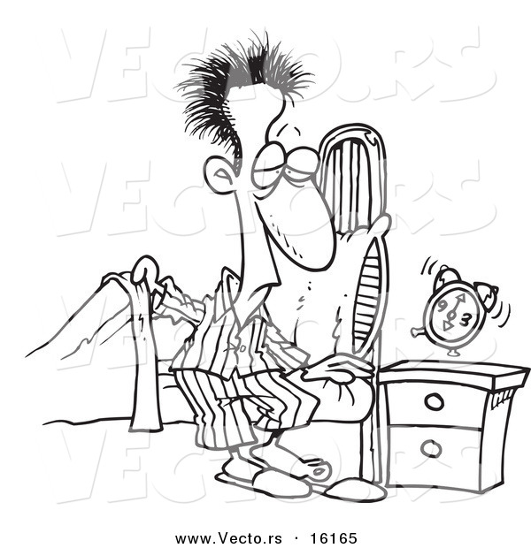 Vector of a Cartoon Man Getting out of Bed in the Morning - Outlined Coloring Page Drawing