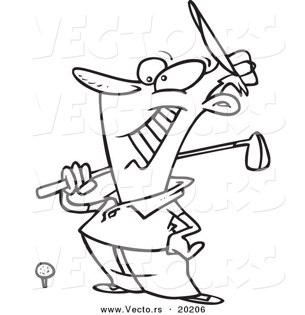 Vector of a Cartoon Man Grinning at the Golf Course - Outlined Coloring Page