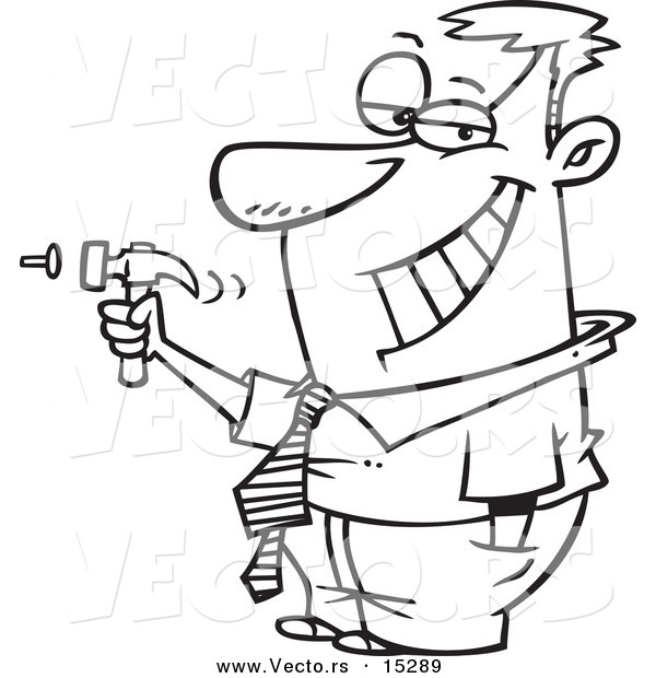 Vector of a Cartoon Man Hammering a Nail - Coloring Page Outline