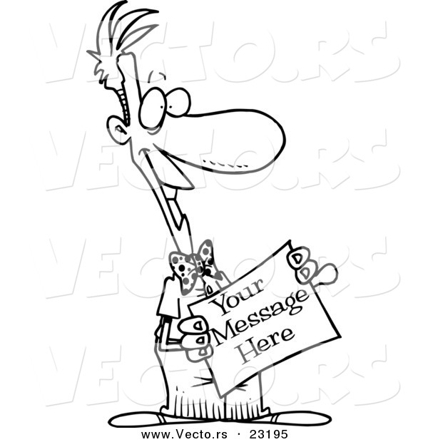 Vector of a Cartoon Man Holding a Blank Sign - Coloring Page Outline