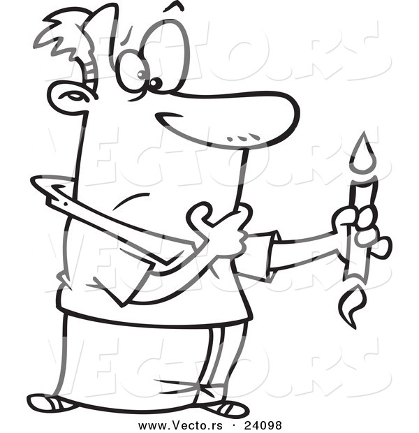 Vector of a Cartoon Man Holding a Candle That Is Burning from Both Ends - Coloring Page Outline