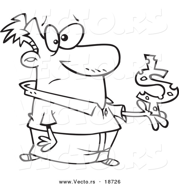 Vector of a Cartoon Man Holding a Dollar Symbol with Holes - Outlined Coloring Page