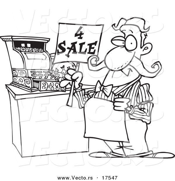 Vector of a Cartoon Man Holding a for Sale Sign at His Register - Coloring Page Outline