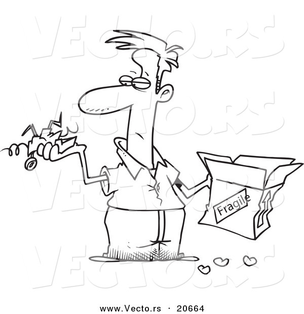Vector of a Cartoon Man Holding a Fragile Item and Mangled Box - Coloring Page Outline