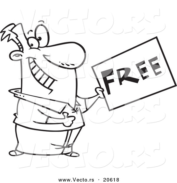 Vector of a Cartoon Man Holding a Free Sign - Coloring Page Outline