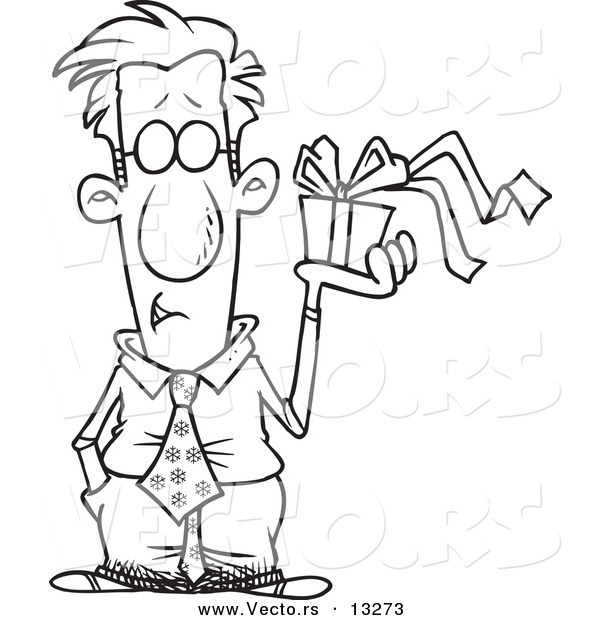 Vector of a Cartoon Man Holding a Gift Box - Coloring Page Outline
