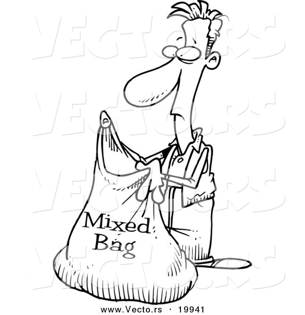 Vector of a Cartoon Man Holding a Mixed Bag - Outlined Coloring Page