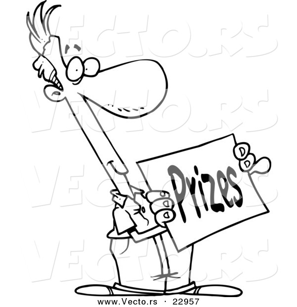 Vector of a Cartoon Man Holding a Prizes Sign - Coloring Page Outline