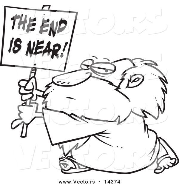Vector of a Cartoon Man Holding a the End Is near Sign - Coloring Page Outline