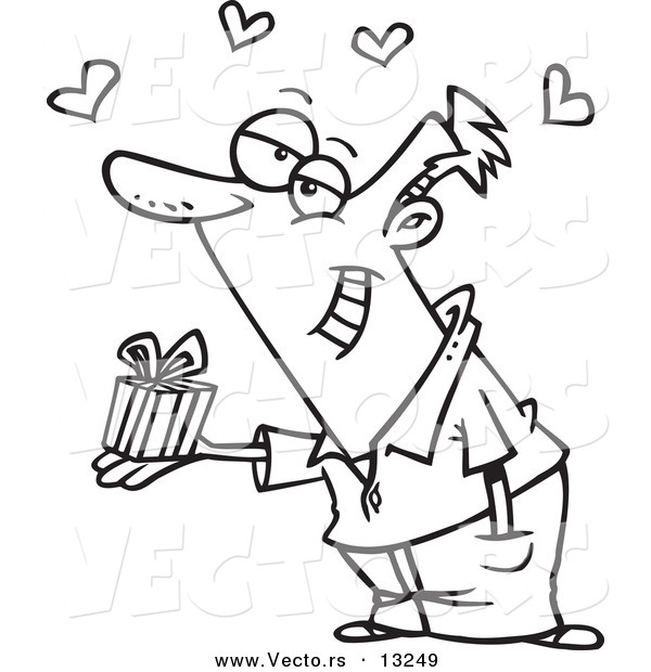 Vector of a Cartoon Man Holding a Valentines Day Gift - Coloring Page Outline