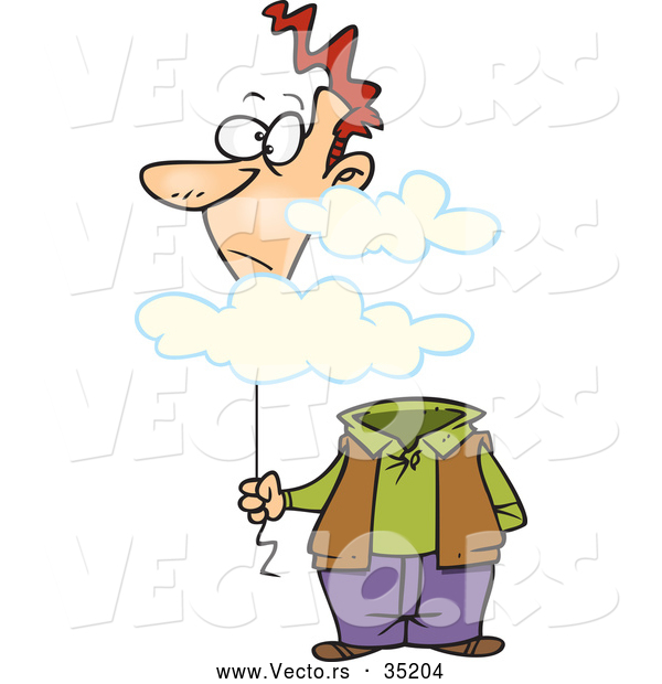 Vector of a Cartoon Man Holding His Floating Balloon Head in Clouds