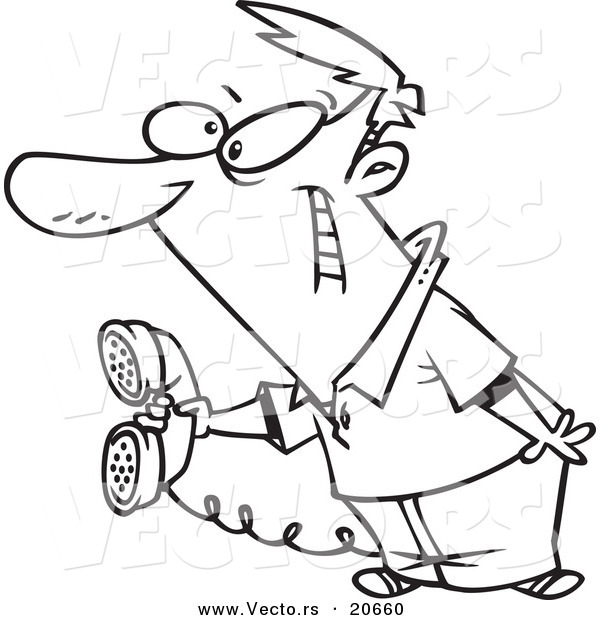 Vector of a Cartoon Man Holding out a Landline Phone - Coloring Page Outline