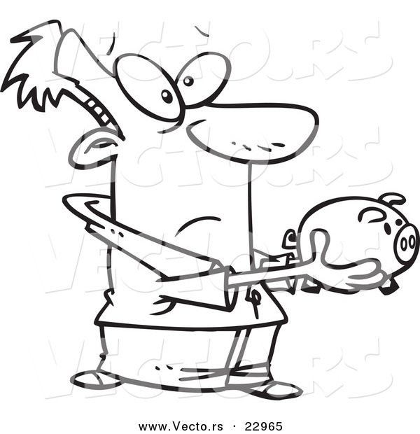 Vector of a Cartoon Man Holding out a Piggy Bank - Coloring Page Outline