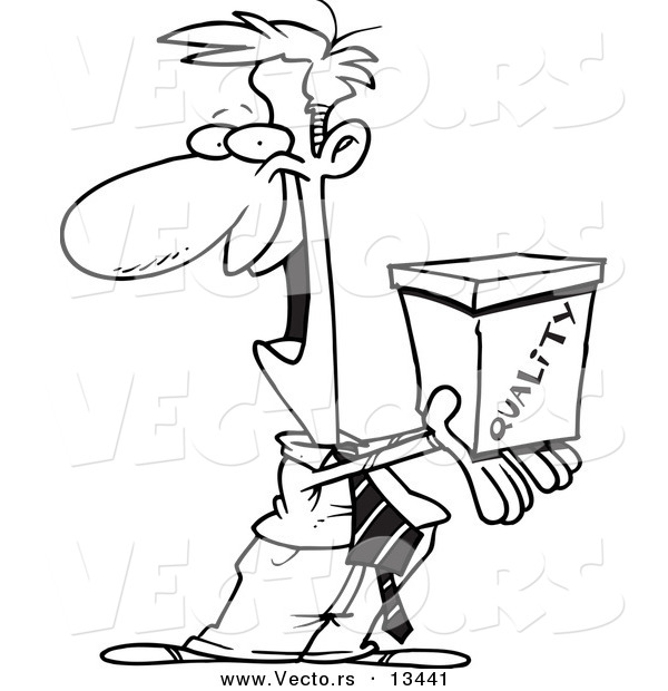Vector of a Cartoon Man Holding out a Quality Box - Coloring Page Outline