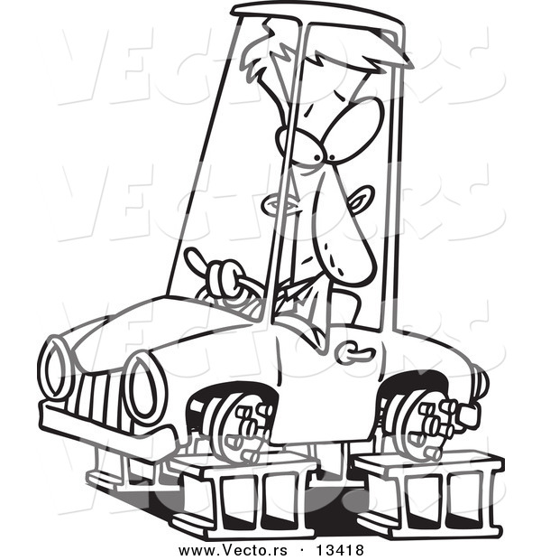 Vector of a Cartoon Man in a Tireless Car on Blocks - Coloring Page Outline