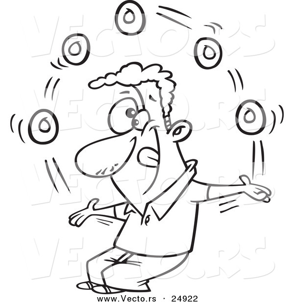 Vector of a Cartoon Man Juggling Donuts on Doughnut Day - Outlined Coloring Page
