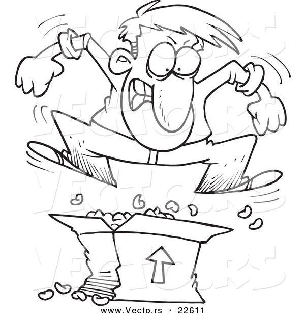 Vector of a Cartoon Man Jumping on Packing Peanuts in a Box - Coloring Page Outline