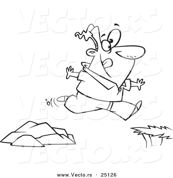 Vector of a Cartoon Man Jumping to a Greener Side - Coloring Page Outline