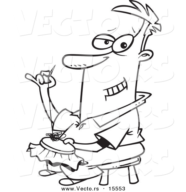 Vector of a Cartoon Man Knitting an Intricate Design - Coloring Page Outline