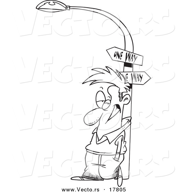 Vector of a Cartoon Man Leaning Against a Lamp Post - Outlined Coloring Page