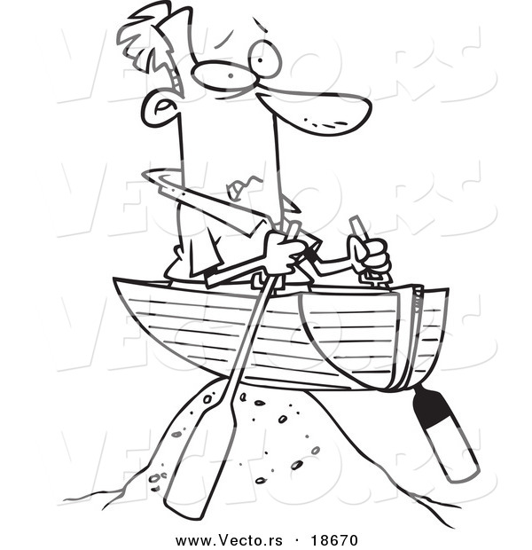 Vector of a Cartoon Man Left High and Dry in a Boat - Outlined Coloring Page