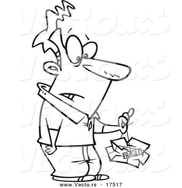 Vector of a Cartoon Man Lifting a Crushed Fragile Parcel - Coloring Page Outline