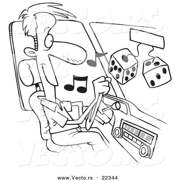 Vector of a Cartoon Man Listing to Tunes in His Car - Coloring Page Outline
