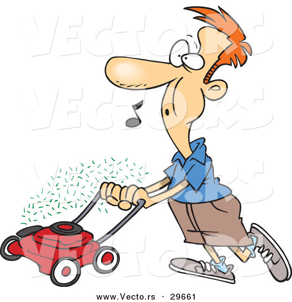 Vector of a Cartoon Man Mowing Lawn While Whistling