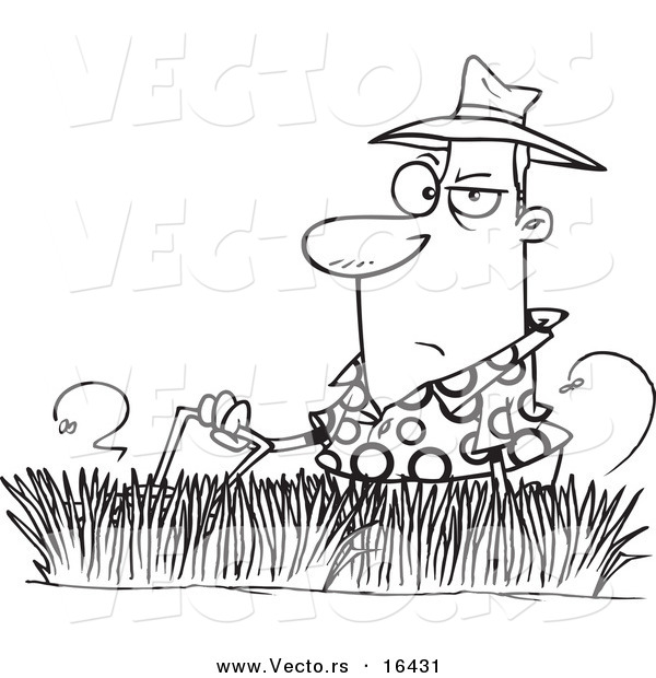 Vector of a Cartoon Man Mowing Tall Grass - Outlined Coloring Page Drawing