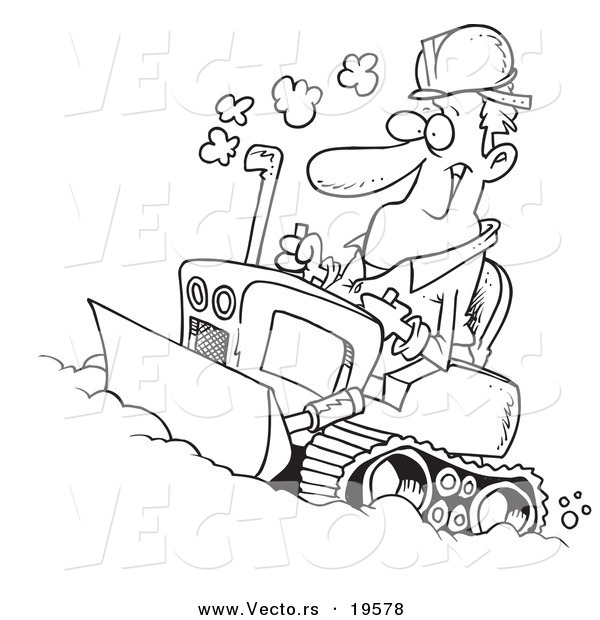 Vector of a Cartoon Man Operating a Bulldozer - Outlined Coloring Page