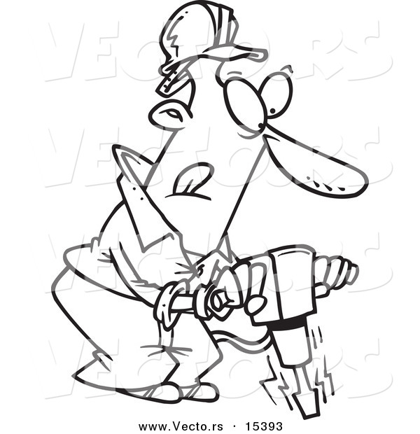 Vector of a Cartoon Man Operating a Jackhammer - Coloring Page Outline