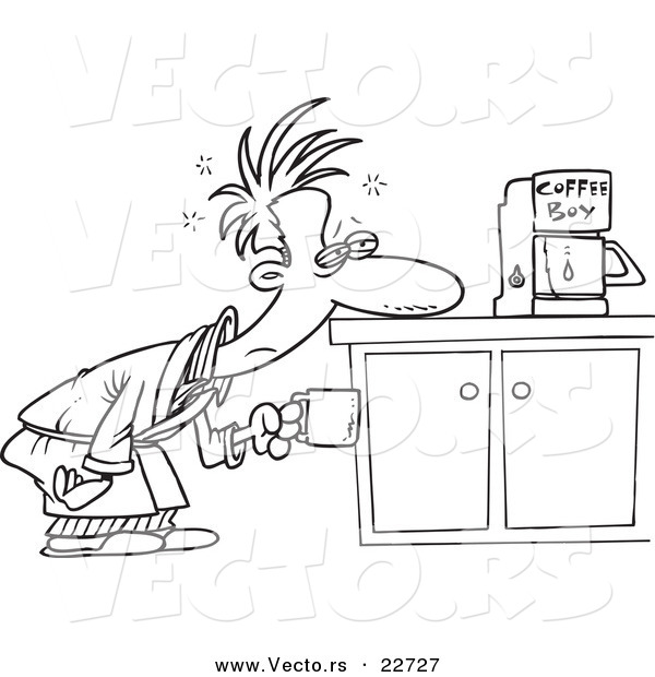 Vector of a Cartoon Man Patiently Waiting for a Coffee Maker - Coloring Page Outline