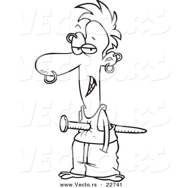Vector of a Cartoon Man Pierced with a Nail - Coloring Page Outline