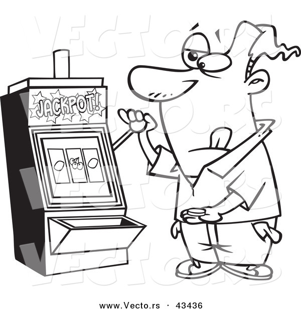 Vector of a Cartoon Man Playing a Casino Slot Machine - Coloring Page Outline