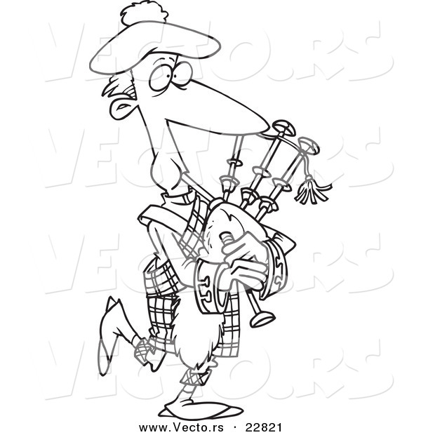 Vector of a Cartoon Man Playing Bag Pipes - Coloring Page Outline