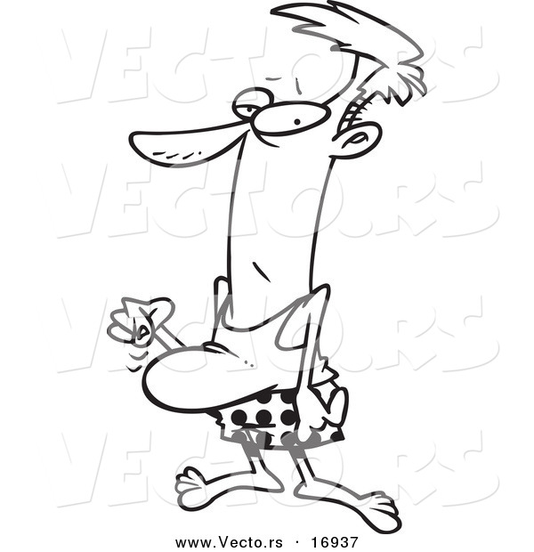 Vector of a Cartoon Man Pointing to His Beer Belly - Coloring Page Outline