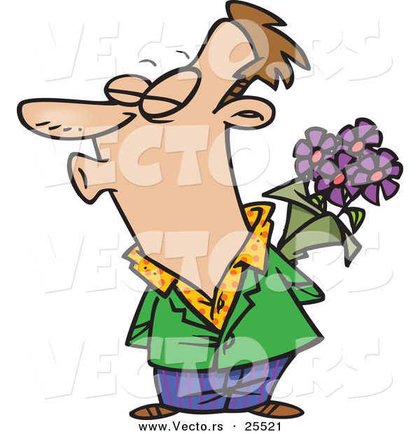Vector of a Cartoon Man Puckering Lips for a Kiss While Hiding Bouquet of Flowers Behind His Back