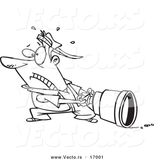 Vector of a Cartoon Man Pulling a Big Lens - Coloring Page Outline