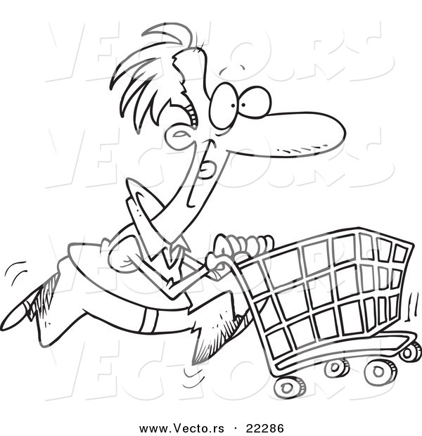 Vector of a Cartoon Man Pushing a Shopping Cart - Coloring Page Outline