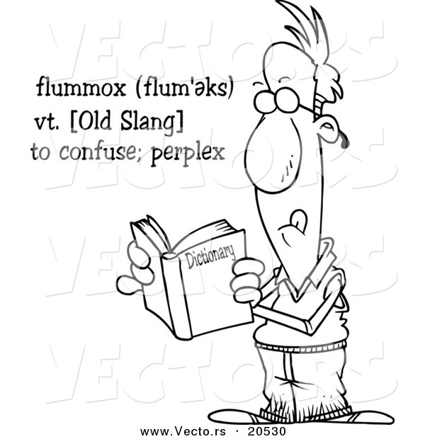 Vector of a Cartoon Man Reading the Definition of Flummox in the Dictionary - Coloring Page Outline