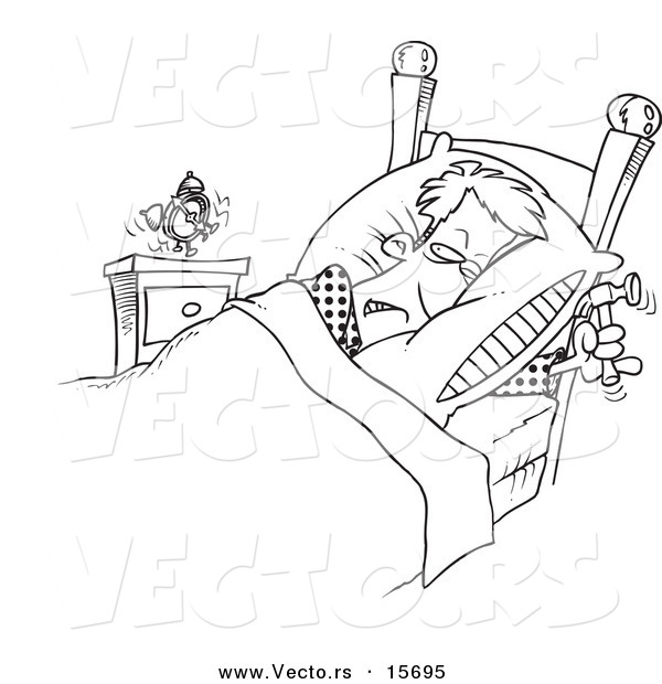 Vector of a Cartoon Man Ready to Beat an Alarm Clock with a Hammer - Coloring Page Outline