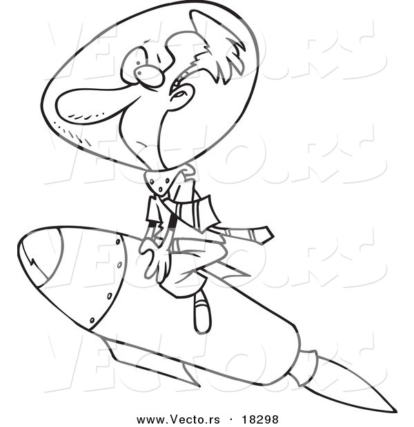 Vector of a Cartoon Man Riding a Rocket - Outlined Coloring Page