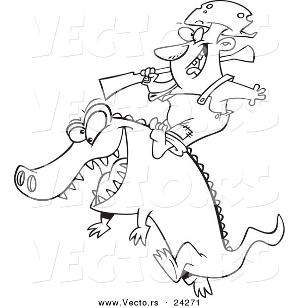 Vector of a Cartoon Man Riding an Alligator - Outlined Coloring Page