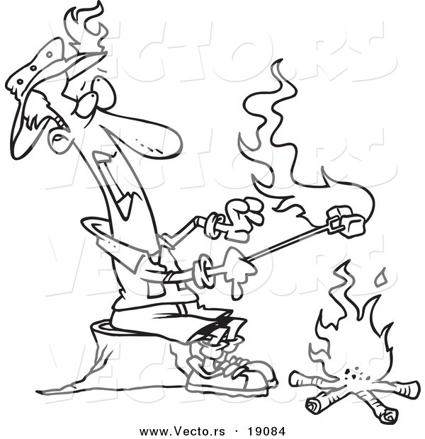 Vector of a Cartoon Man Roasting Marshmallows and Catching His Hat on Fire - Outlined Coloring Page