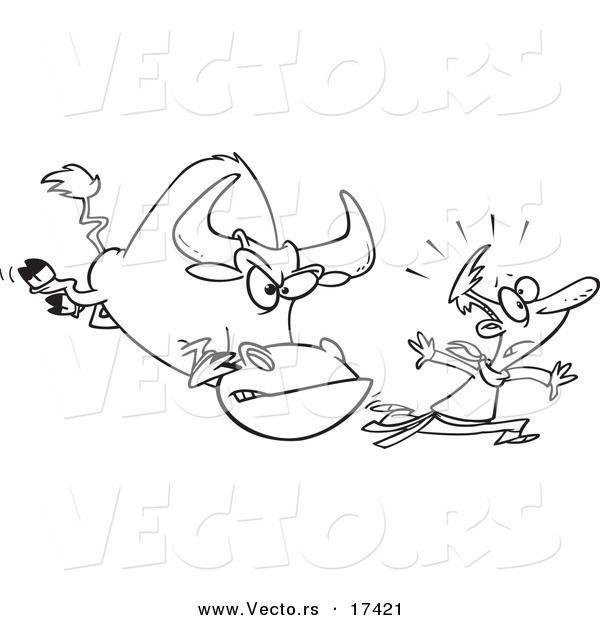 Vector of a Cartoon Man Running from a Bull - Coloring Page Outline