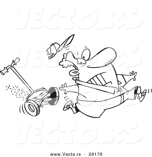 Vector of a Cartoon Man Running from a Lawn Mower - Outlined Coloring Page