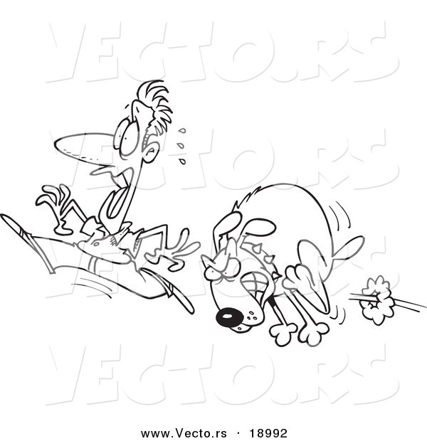 Vector of a Cartoon Man Running from a Mad Dog - Outlined Coloring Page