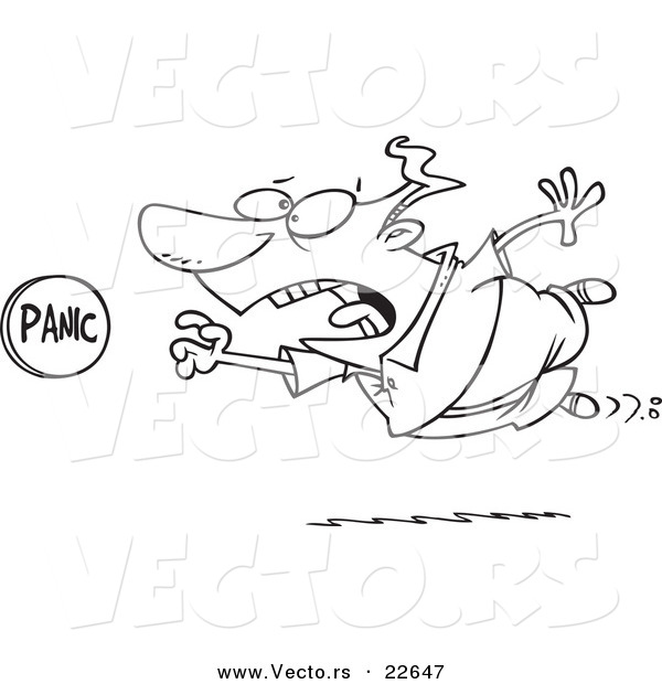 Vector of a Cartoon Man Rushing to Push a Panic Button - Coloring Page Outline